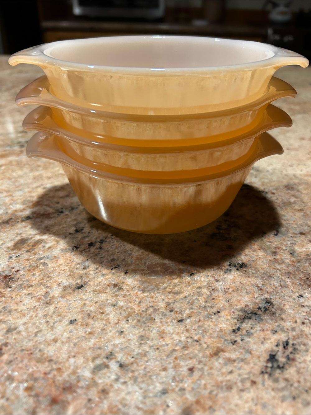 Anchor Hocking Fire King #472 Peach iridescent Lusterware 12oz Bake Set of (4)